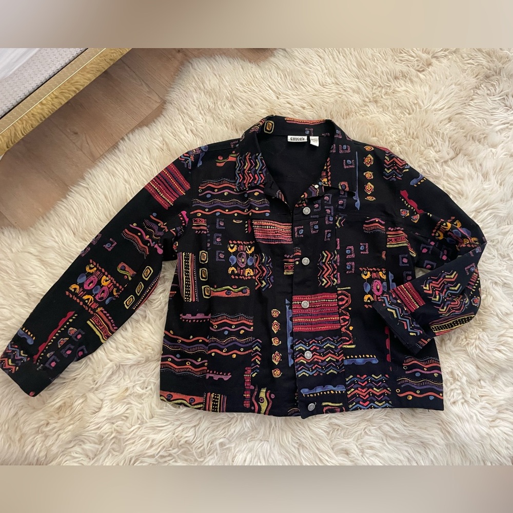 Chico's Design Black denim Jacket with Multicolor Beaded Accents Vintage 90’s